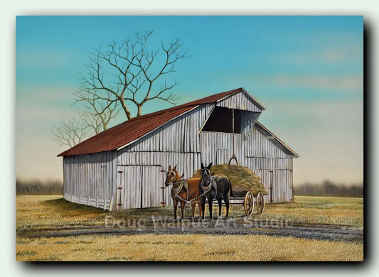 Rustic barn with mule art print DougWalpusArtStudio